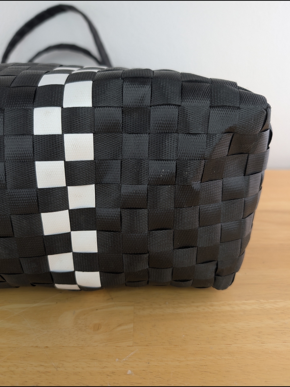 Kate Spade Black White Checker Stripe Basket Weave Woven Tote Bag Beach Shopping - Picture 12 of 16